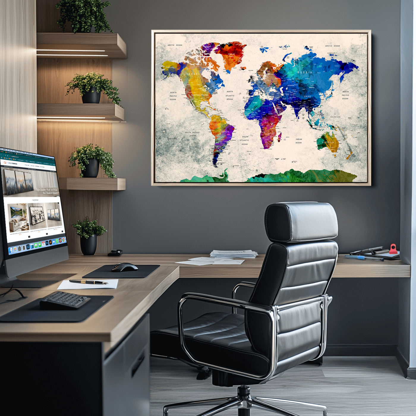 Push Pin World Map Canvas Print – Framed Wall Art for Couples to Track Their Travels – Anniversary Gift or Home Adventure Decor