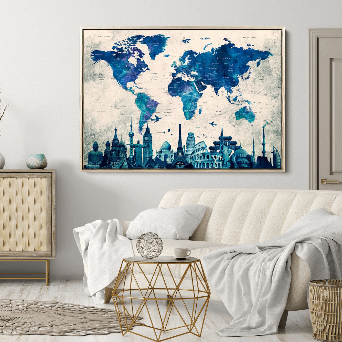 Navy Blue World Map Canvas Print, Wonder of World Map Push Pin Canvas Print