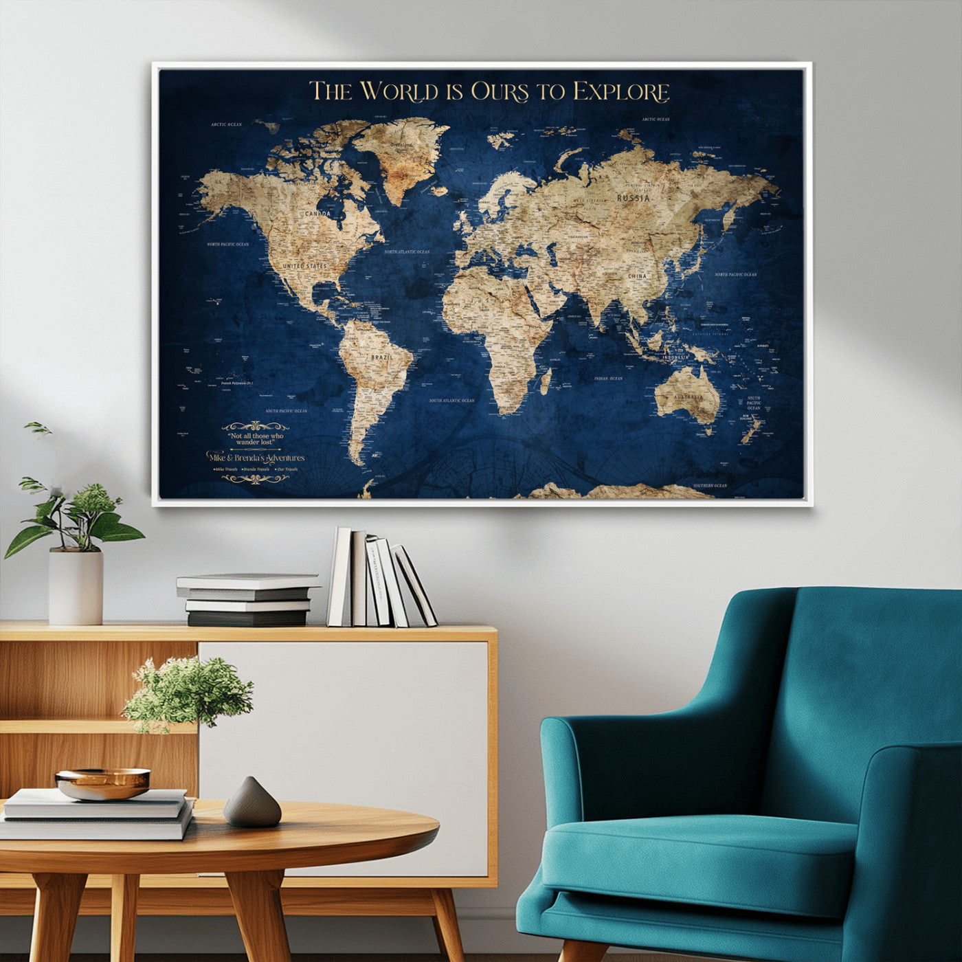 Custom World Map Wall Art – Personalized Framed Canvas Print with Push Pins for Travel Tracking, Anniversary or Couple Gift Ideas - H2-2