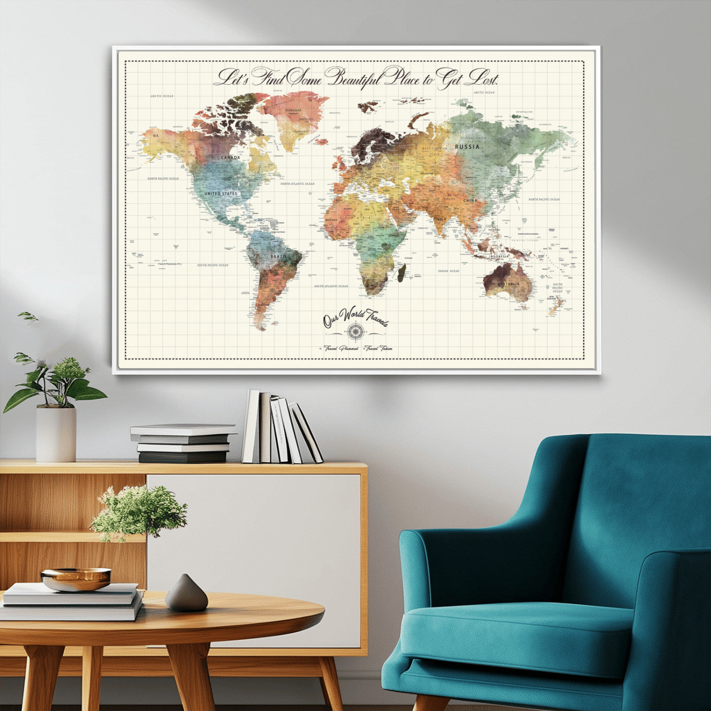 29289638-MGV-CV-36X24-Personalized World Map Print - Customizable Push Pin Framed World Map Print on Canvas - Custom Quote on Map Print