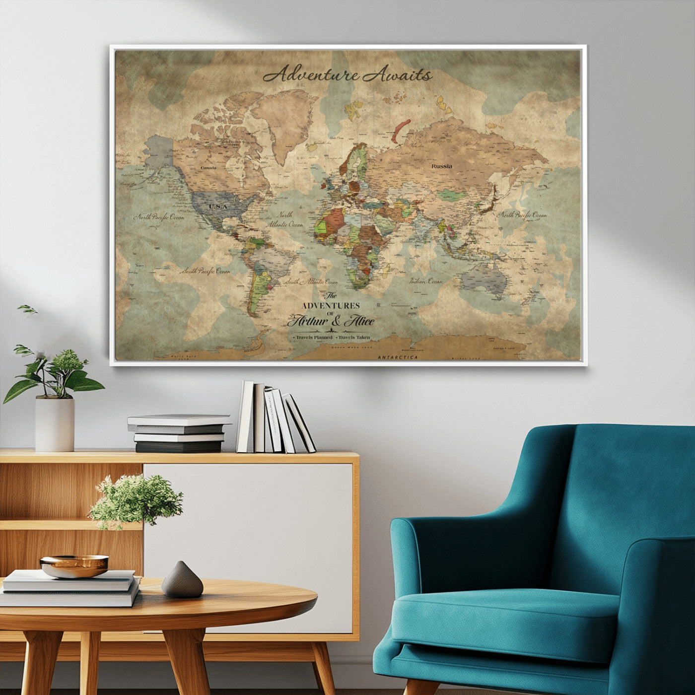 60798273-MGV-CV-30X20-Custom Push Pin World Map Wall Canvas Print – Personalized Travel Tracker with Pins – Framed Custom Quotie Canvas for Home Office Decor