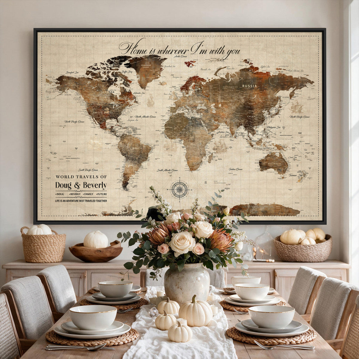 Large Custom Framed Beige Vintage World Travel Map Wall Art with Pins, Couples Countries Visited Map, Living Room and Hallway Decor