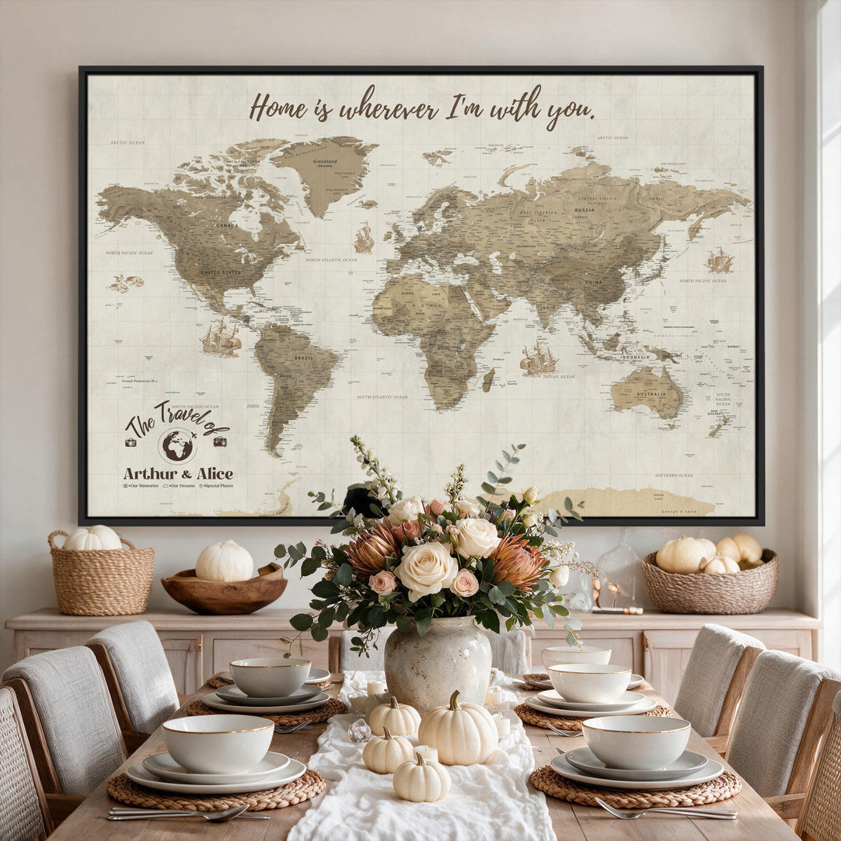 Custom Beige Geometric World Map Canvas with Push Pins, Honeymoon and Anniversary Gift, Dining Room and Hallway Decor
