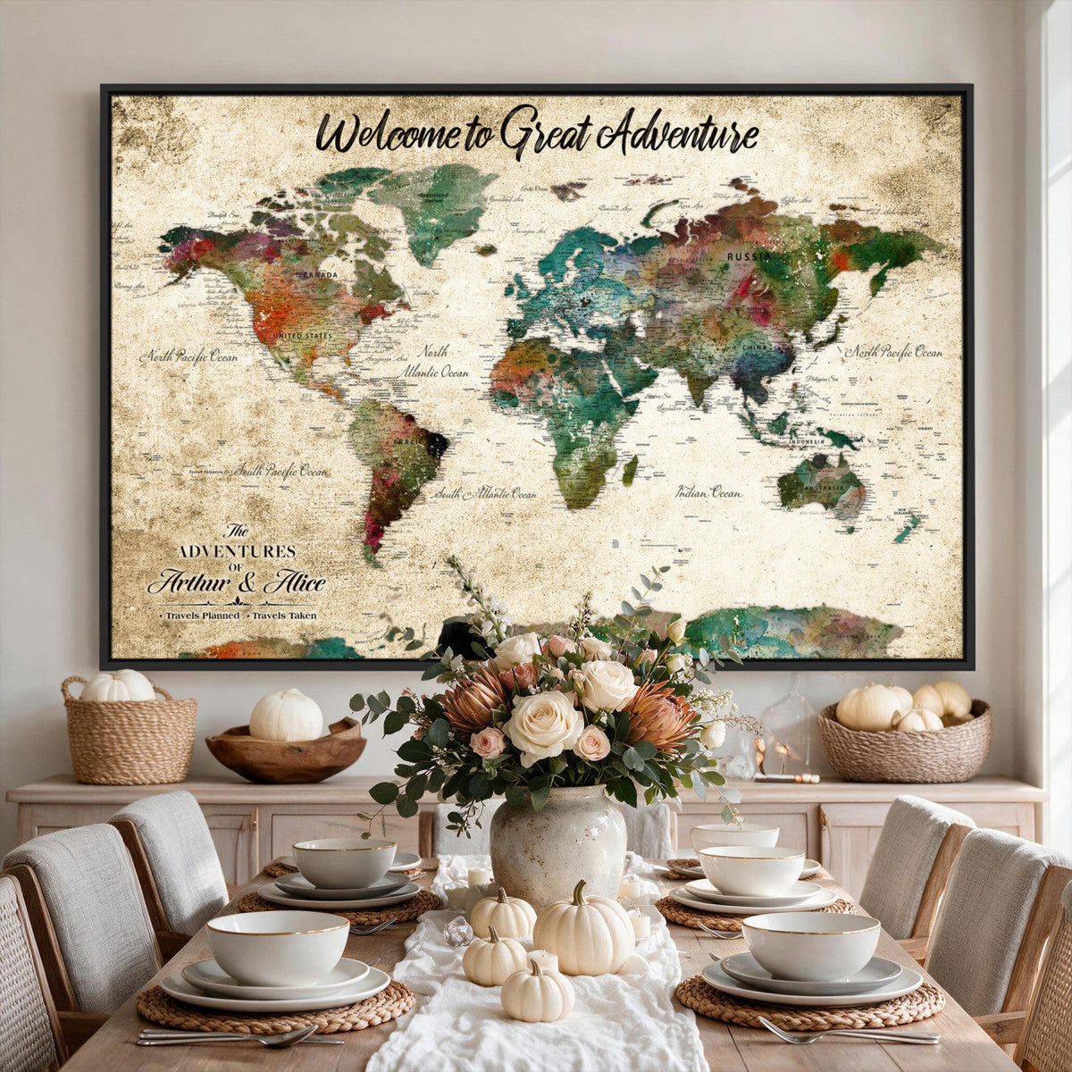 Personalized Beige Grunge World Map Canvas with Push Pins, Next Trip Planner Map, Family Room and Home Office Decor