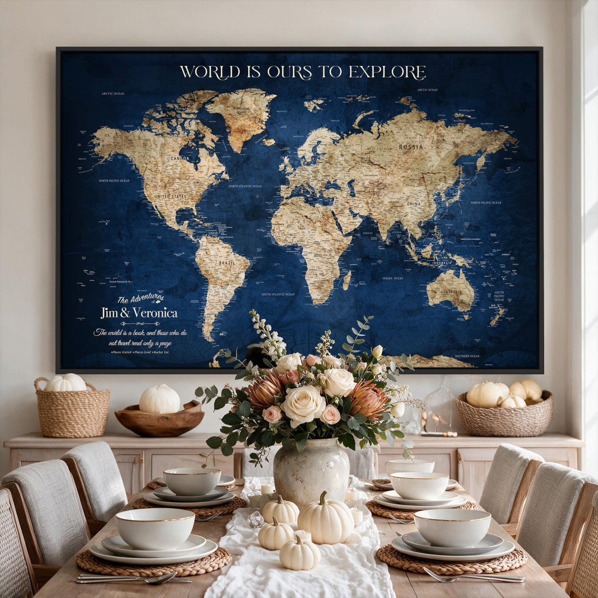 35296308-MGV-CV-36X24 - Custom Push Pin World Map Wall Art Canvas Print | Personalized Travel Tracker with Pins Framed Large for Home and Office Decor