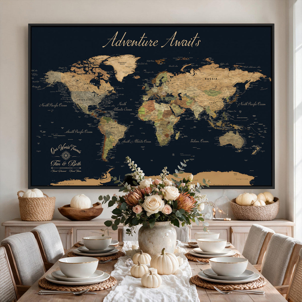 45739634-MGV-CV-36X24 - Custom Push Pin World Map Wall Art Canvas Print | Personalized Travel Tracker with Pins Framed Large for Home and Office Decor
