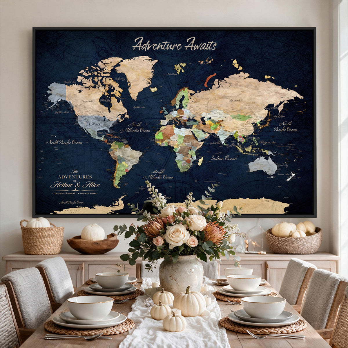 Personalized Beige Antique Push Pin Travel Map Canvas Print, Bucket List Map, Dining Room and Entryway Decor
