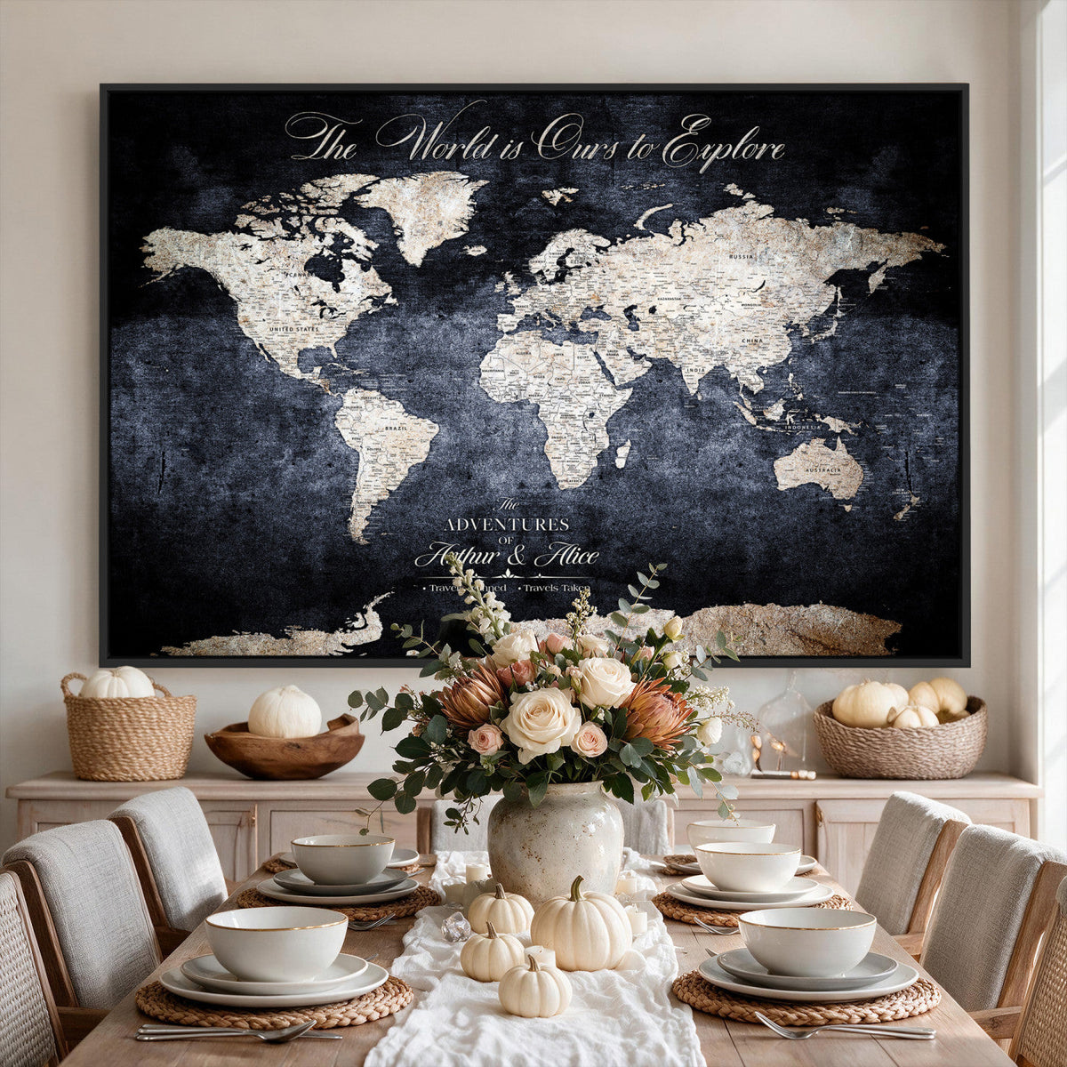 Personalized Beige Modern Push Pin Travel Map Canvas Print, Places Visited Tracker, Study and Entryway Decor