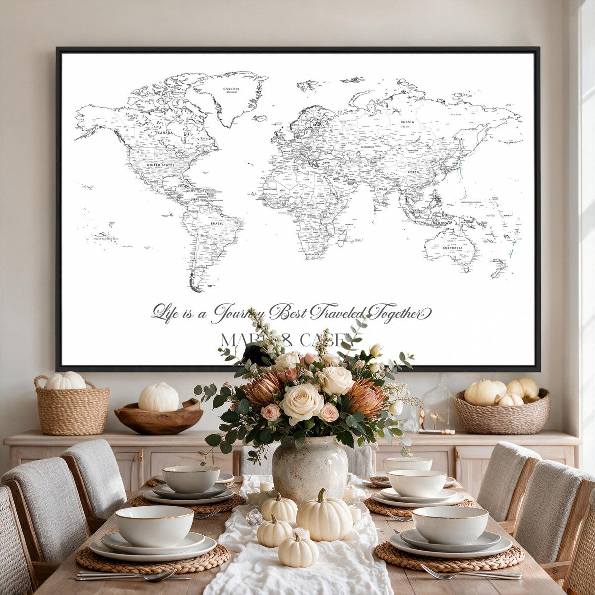 Personalized Framed Beige Modern Push Pin Travel Map Canvas Print, Couples Countries Visited Map, Living Room and Family Room Decor