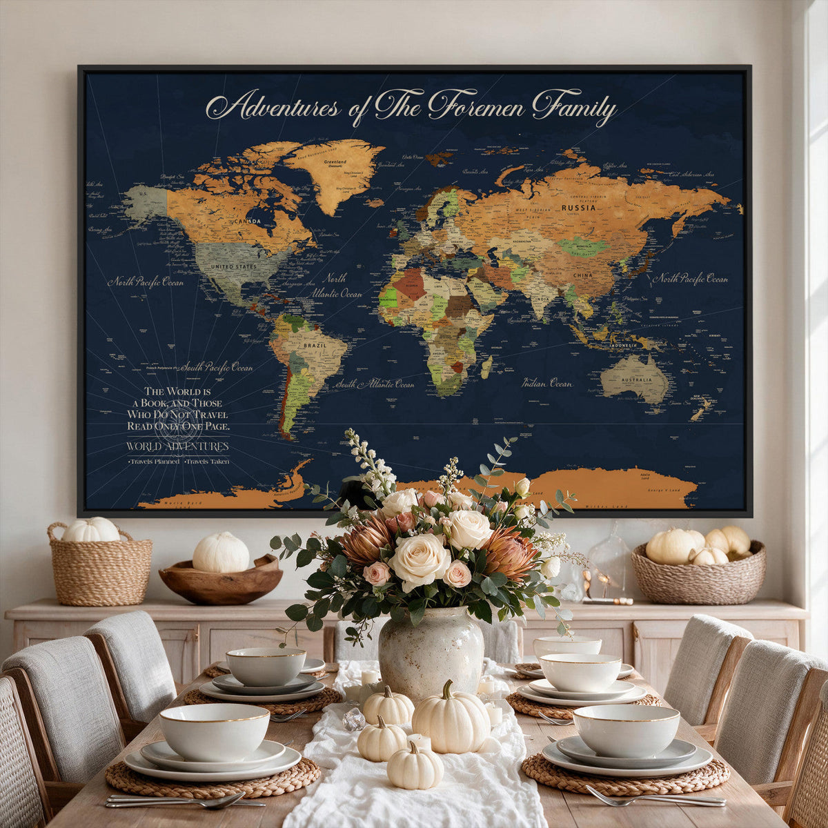 84352304-MGV-CV-36X24 - Custom Push Pin Travel Map Canvas Print, Honeymoon and Anniversary Gift, Living Room and Dining Room Decor