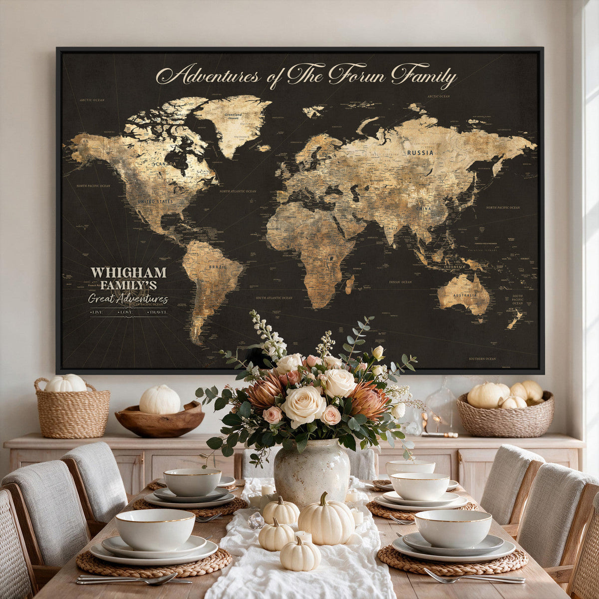 Personalized Framed Beige World Travel Map Wall Art with Pins, Couples Countries Visited Map, Family Room and Dining Room Decor