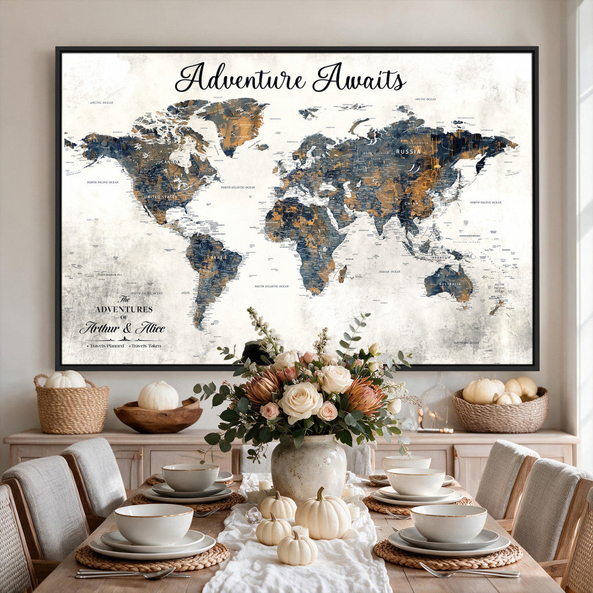 Custom Framed Beige Geometric World Travel Map Wall Art with Pins, Places Visited Tracker, Family Room and Home Office Decor
