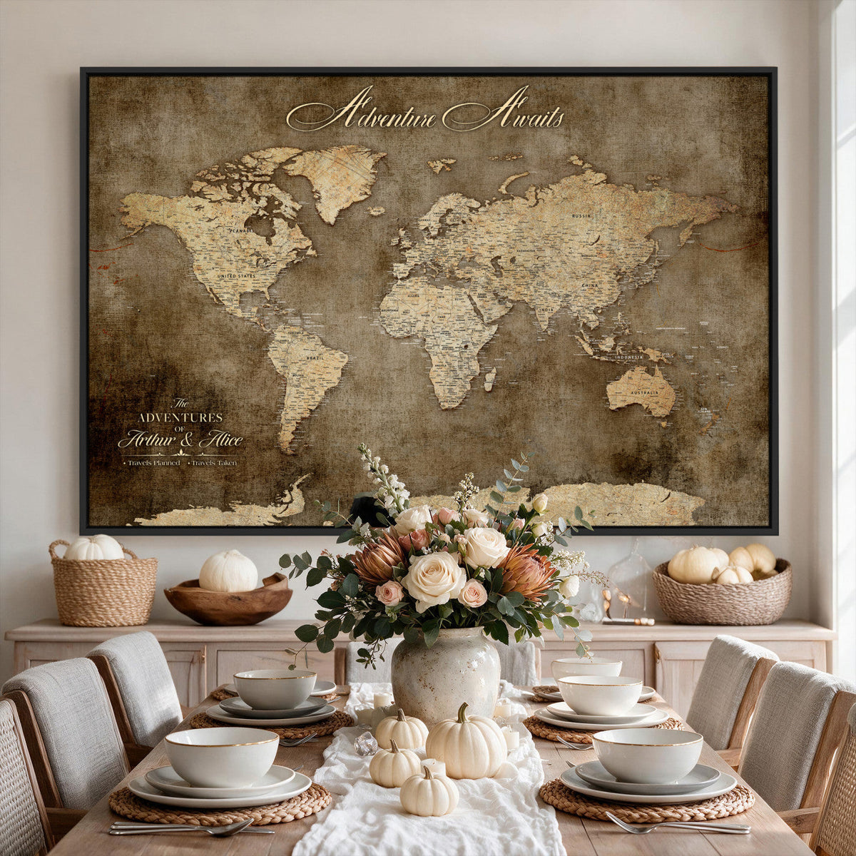 Personalized Framed Beige Push Pin Travel Map Canvas Print, Bucket List Map, Bedroom and Study Decor