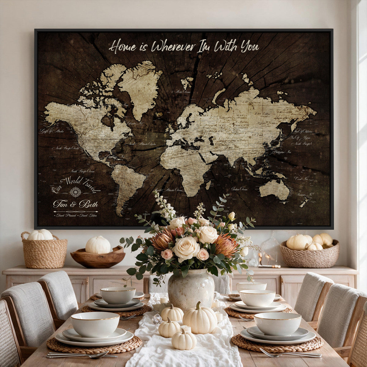 Personalized Watercolor Push Pin World Map Canvas Wall Art, Custom Framed Travel Map - NEWMAP-094