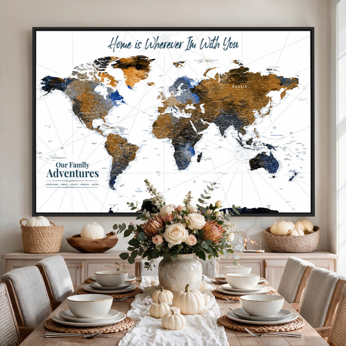 Personalized Framed Beige Modern Push Pin World Map Wall Art, Next Trip Planner Map, Family Room and Home Office Decor