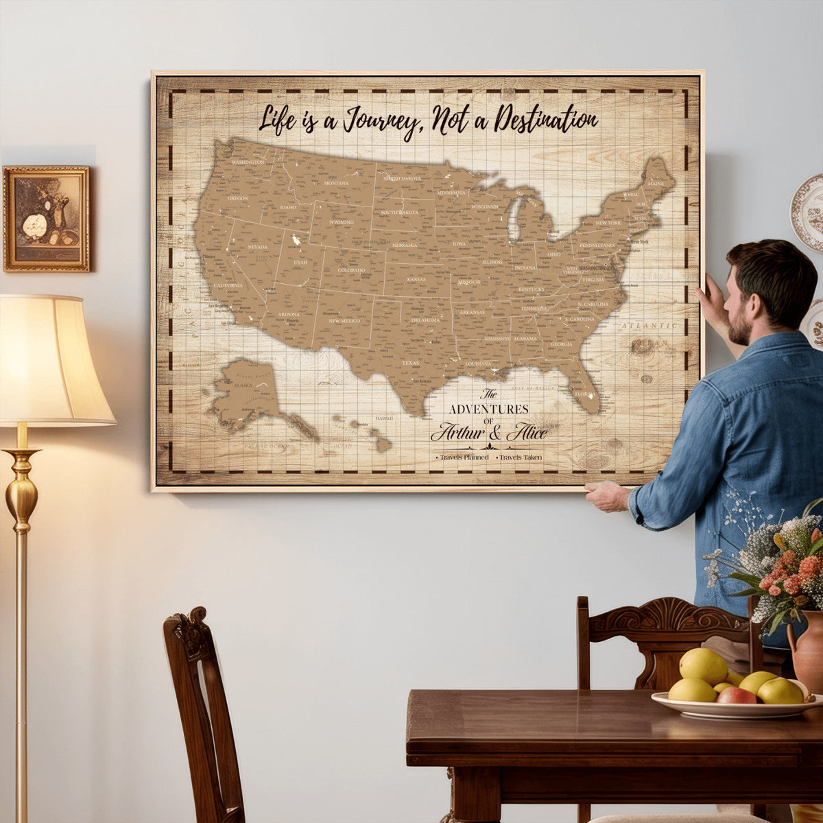 19102499-MGV-CV-36X24 - Personalized USA Push Pin Travel Map, Custom United States Map, Push Pin Map, USA Bucket List Map, Anniversary Gift | Couple Travel Map Wall Art