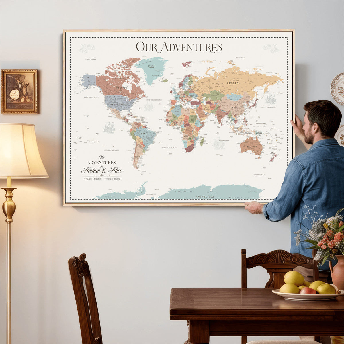 NEWMAP-4-MGV-CV-36X24 - Push Pin Customize World Map with Pins Board Wall Art Canvas Print