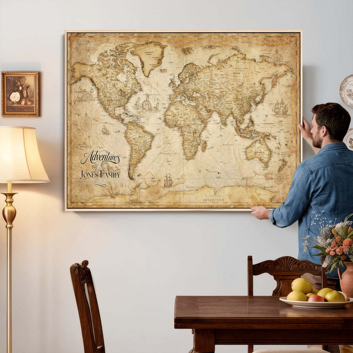 60956619-MGV-CV-36X24 - Custom Push Pin World Map Canvas Print | Personalized Travel Map Wall Art
