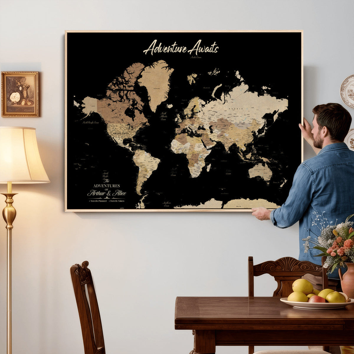 88415067-MGV-CV-36X24 - Custom Push Pin World Map Canvas Print | Personalized Travel Map Wall Art