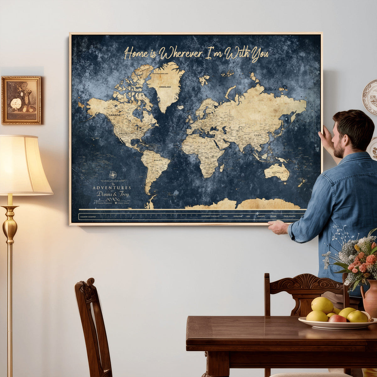 400867BL-MGV-CV-36X24 - Framed Blue Custom Push Pin World Map Canvas Print | Personalized Travel Map Wall Art