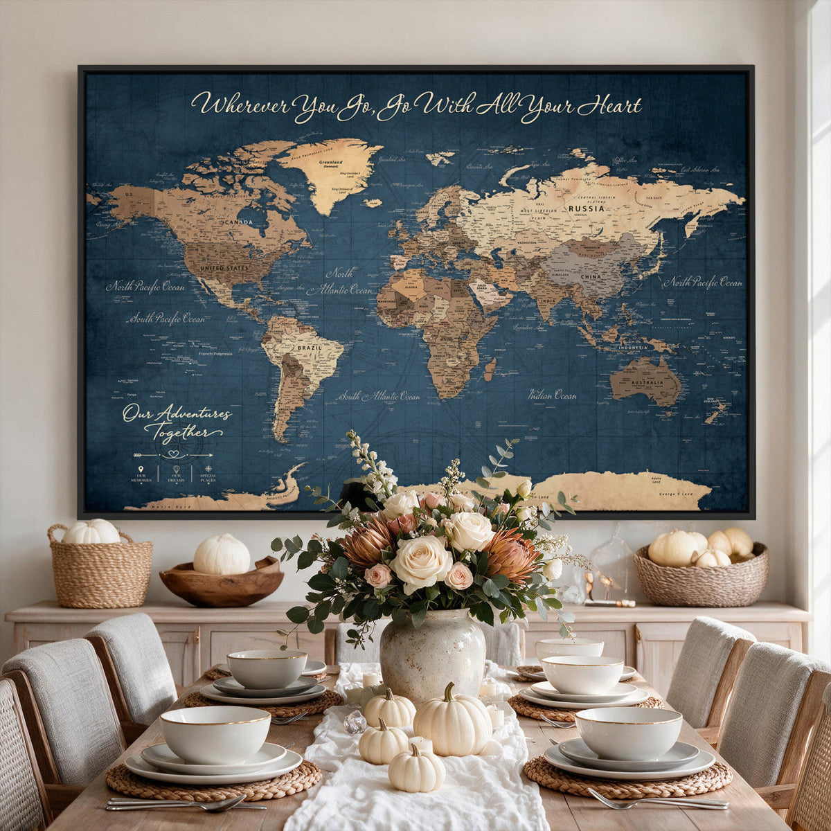 86810631-MGV-CV-36X24 - Our Family Adventures Push Pin World Map Wall Art Canvas Print - Family Travel Tracker Map with Pins