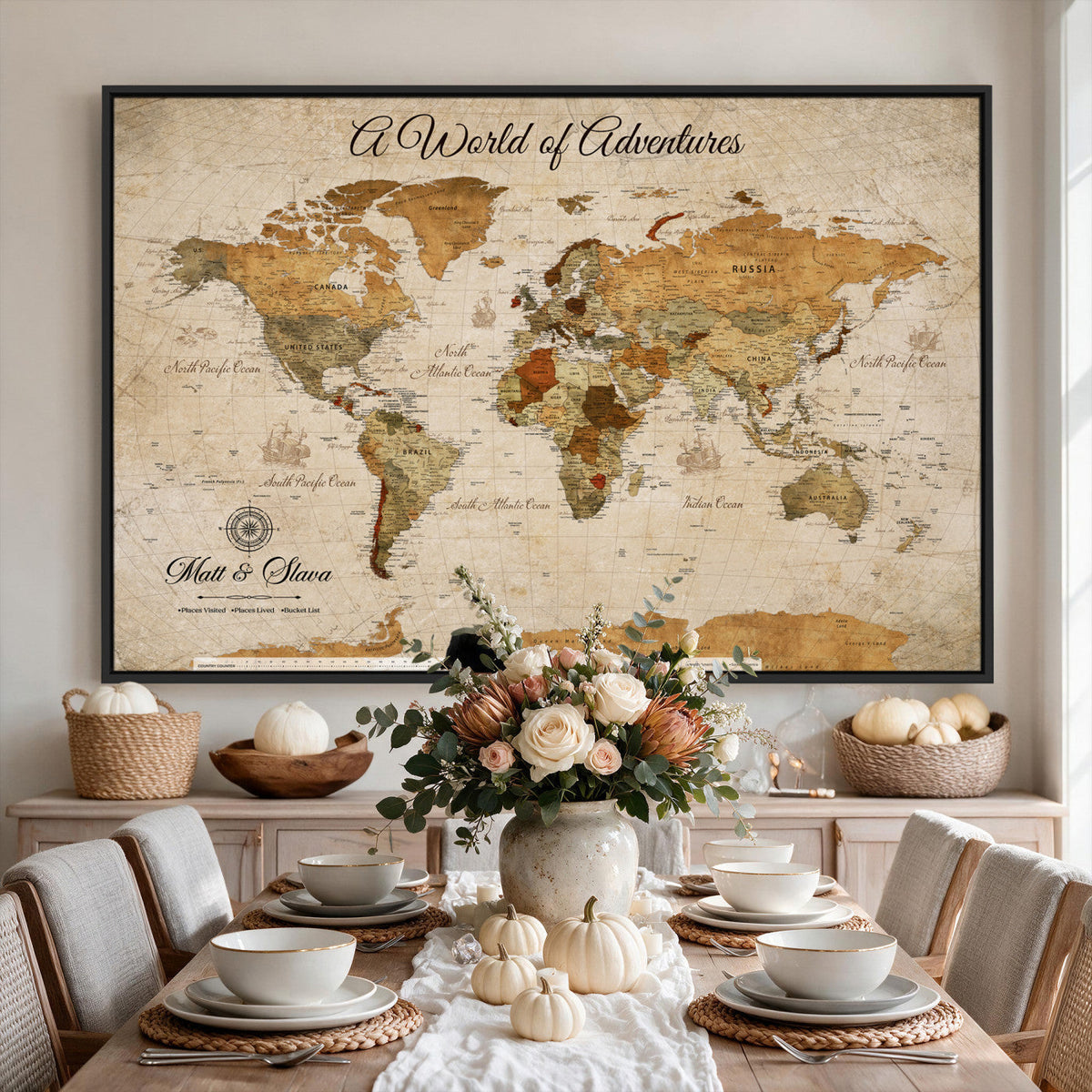 88768647-MGV-CV-36X24 - Extra Large Framed Personalize Push Pin World Map Wall Art Canvas Print for Travel Tracking