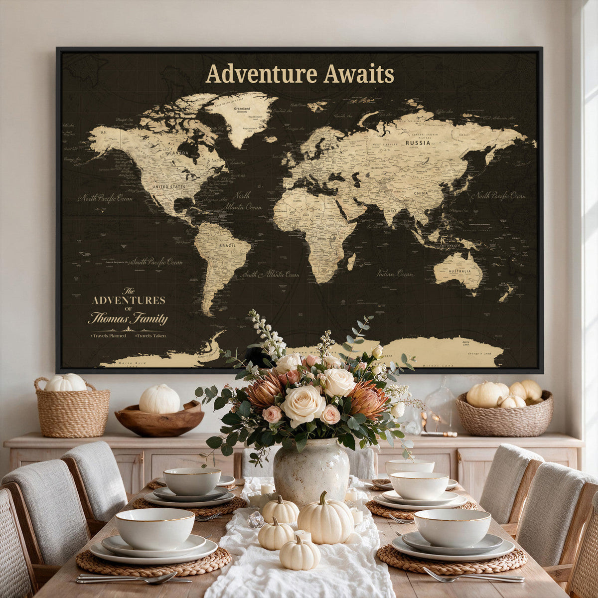Custom Beige Modern World Travel Map Wall Art with Pins, Family Travel Tracker, Dining Room and Entryway Decor