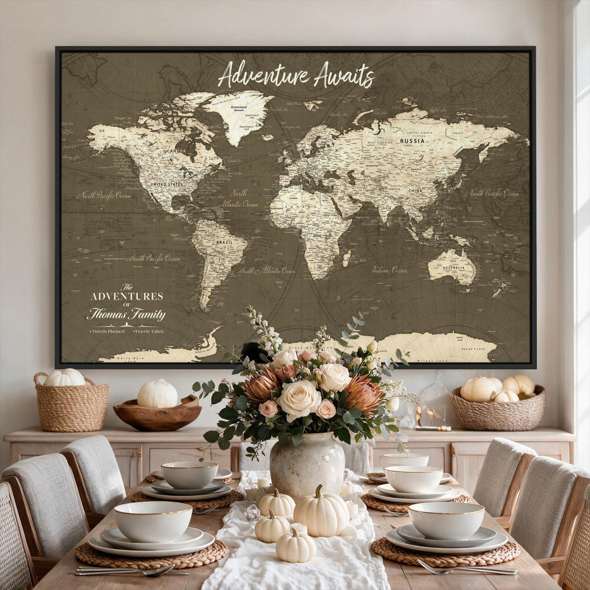 Personalized White Modern World Travel Map Wall Art with Pins, Honeymoon and Anniversary Gift, Living Room and Dining Room Decor