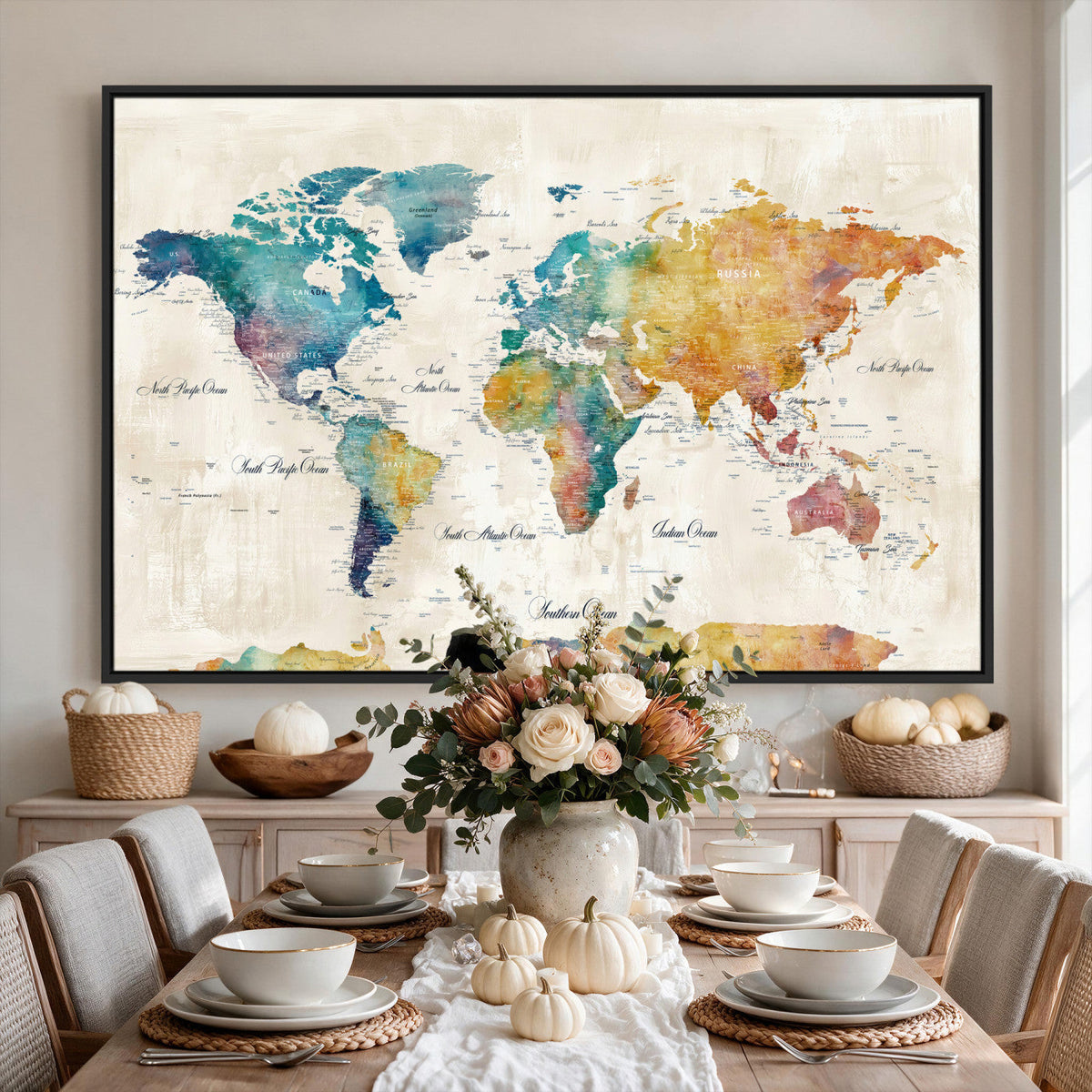 53654999D-MGV-CV-36X24 - Custom Push Pin World Map Wall Art Canvas Print – Personalized Travel Tracker with Pins Framed Large for Home and Office Decor
