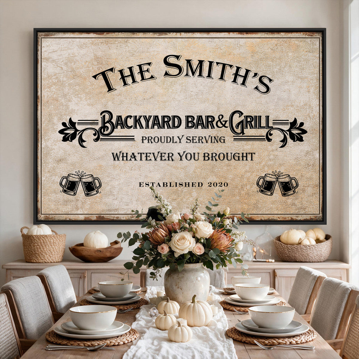 Custom Backyard Bar & Grill Sign, Personalized Family Name Arch Canvas