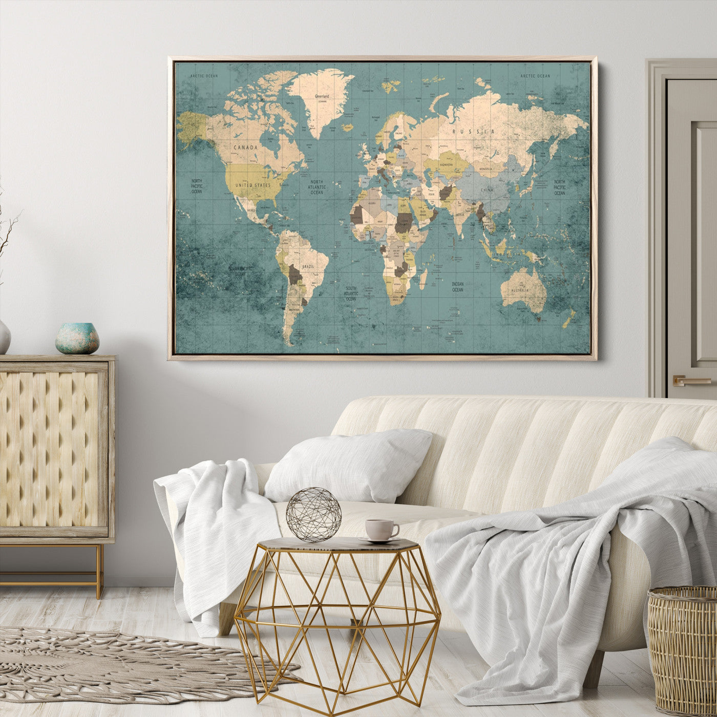 Classic World Map Wall Art Canvas Print, Framed Retro Map Art Picture Print, Vintage Atlas Perfect Rustic Explorer Decor Artwork