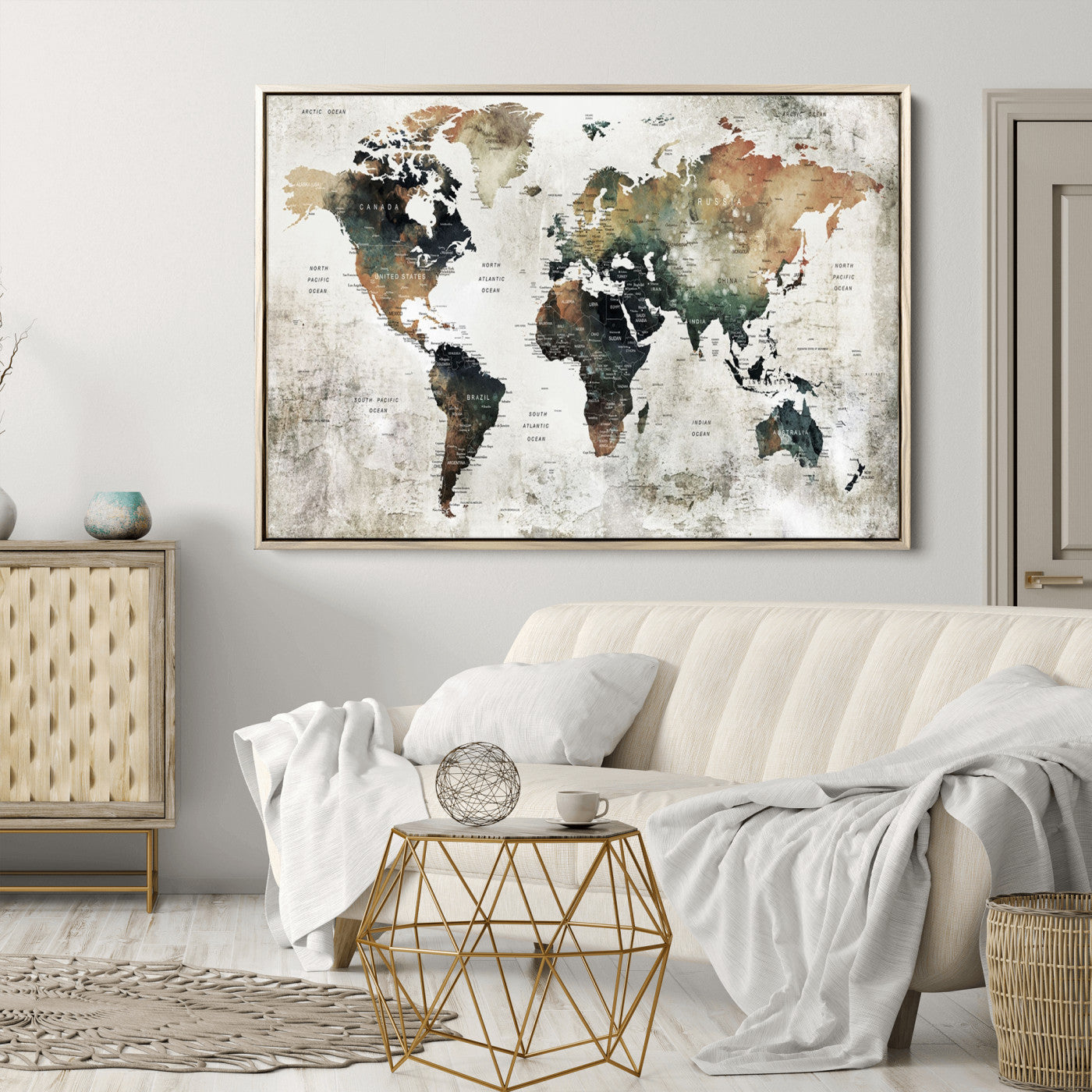 Push Pin World Map Canvas Print – Framed Wall Art for Couples to Track Their Travels – Anniversary Gift or Home Adventure Decor