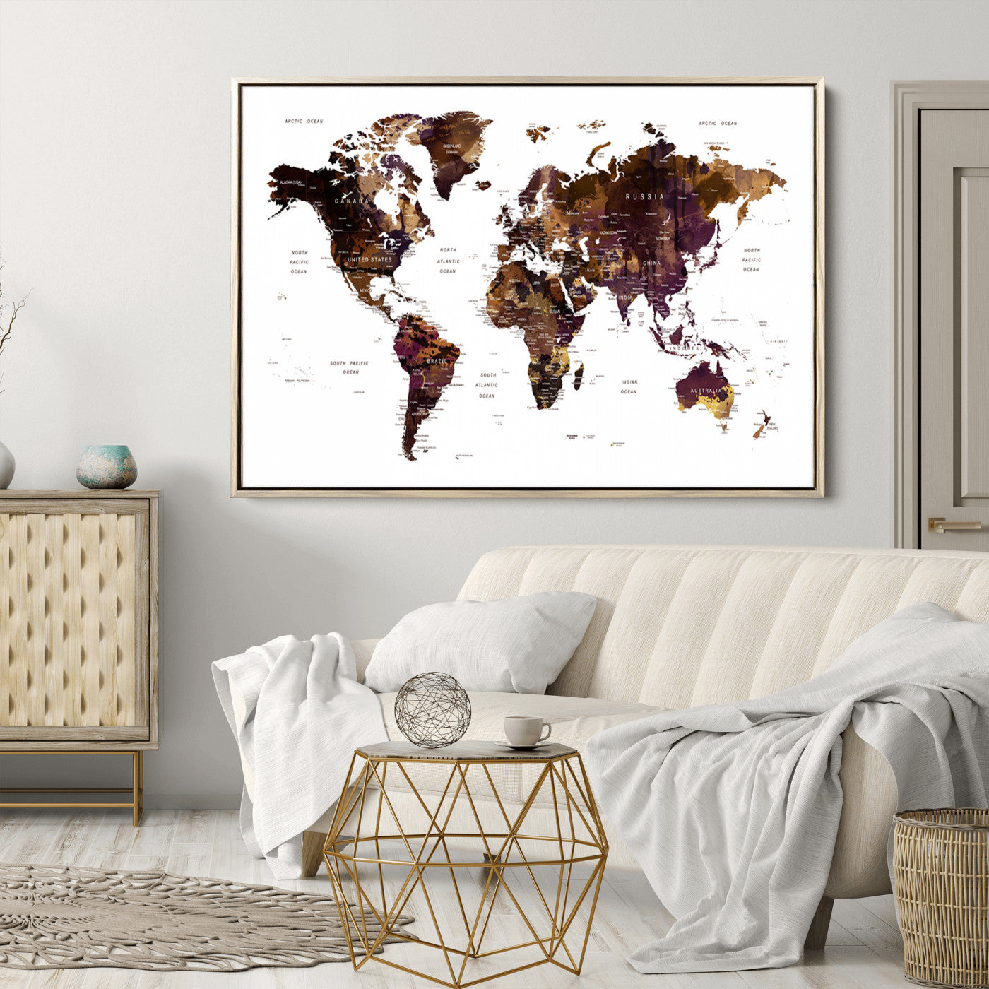 Push Pin World Map Canvas Print – Framed Wall Art for Couples to Track Their Travels – Anniversary Gift or Home Adventure Decor