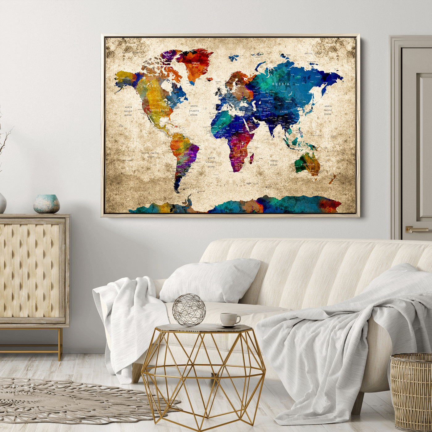 Push Pin World Map Canvas Print – Framed Wall Art for Couples to Track Their Travels – Anniversary Gift or Home Adventure Decor