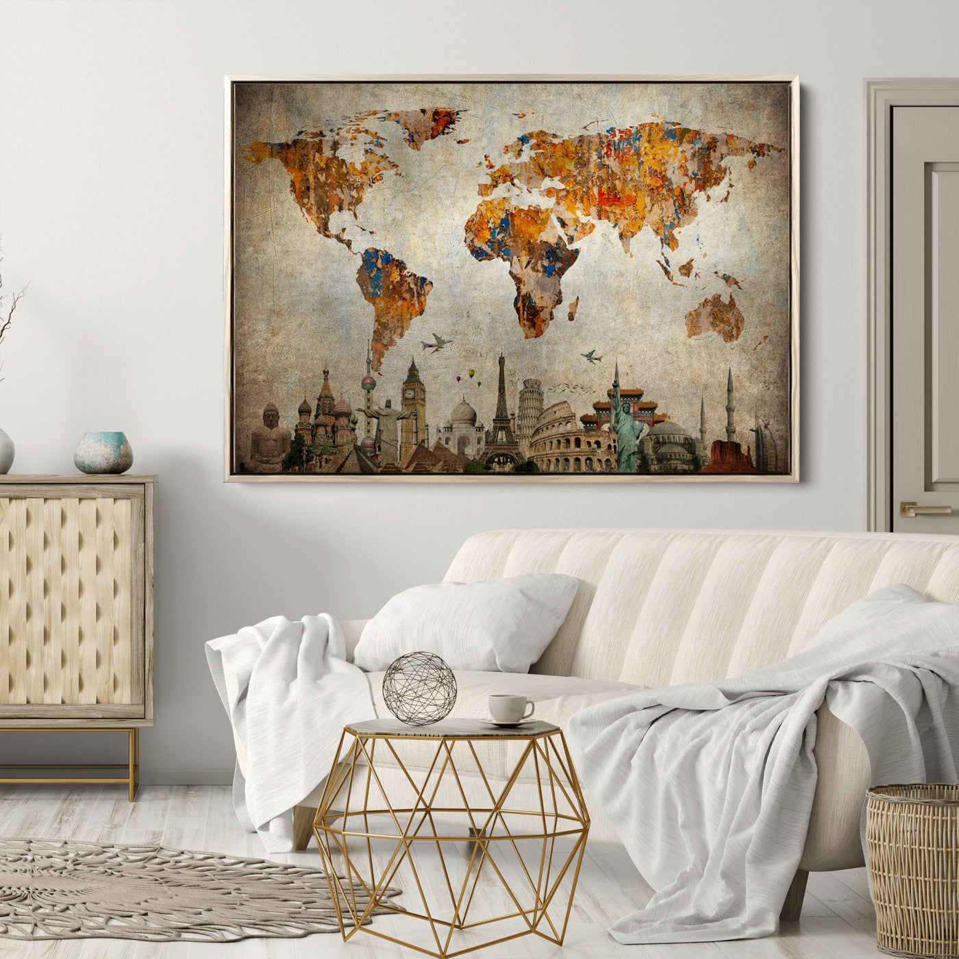 Push Pin World Map Canvas Print – Framed Wall Art for Couples to Track Their Travels – Anniversary Gift or Home Adventure Decor