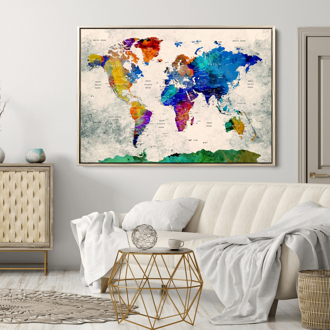 Push Pin World Map Canvas Print – Framed Wall Art for Couples to Track Their Travels – Anniversary Gift or Home Adventure Decor
