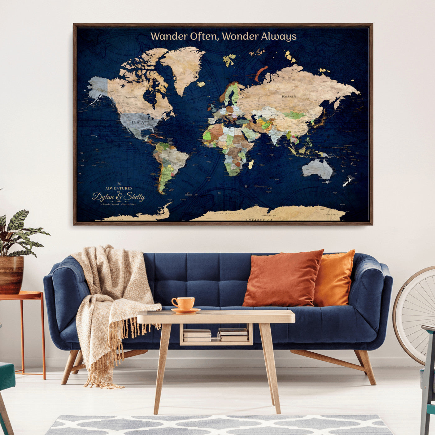 12399561-MGV-CV-30X20-Personalized World Map Print, Customizable Push Pin Framed World Map Print on Canvas - Custom Quote on Map Print