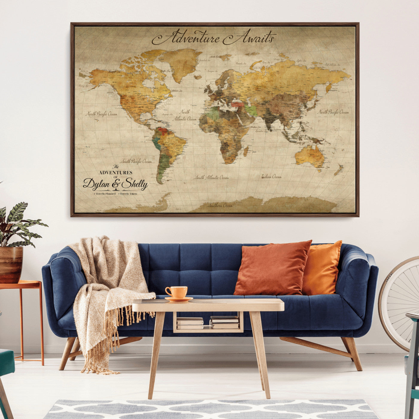 50298017-MGV-CV-36X24-Personalized World Map Print, Customizable Push Pin Framed World Map Print on Canvas - Custom Quote on Map Print