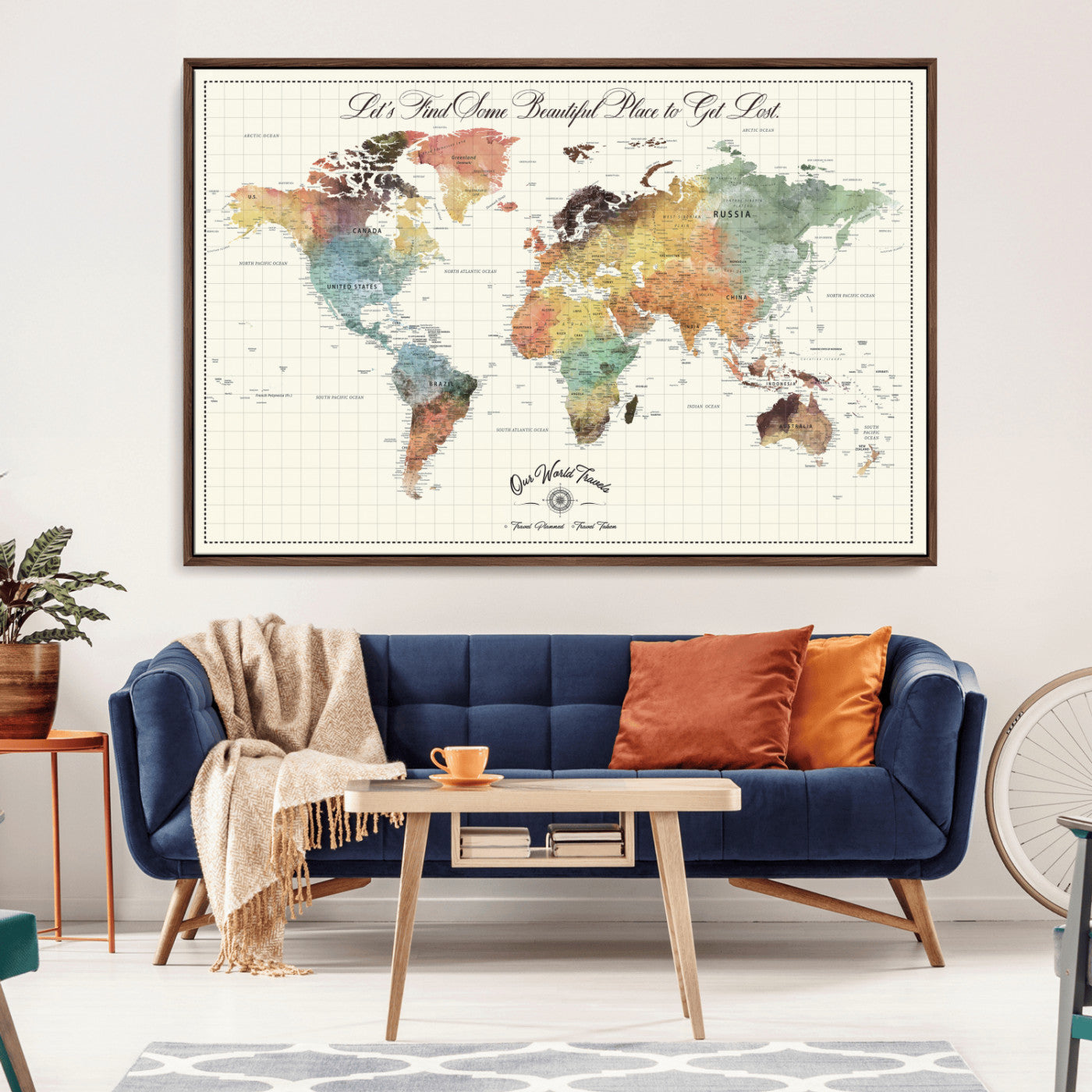29289638-MGV-CV-36X24-Personalized World Map Print - Customizable Push Pin Framed World Map Print on Canvas - Custom Quote on Map Print