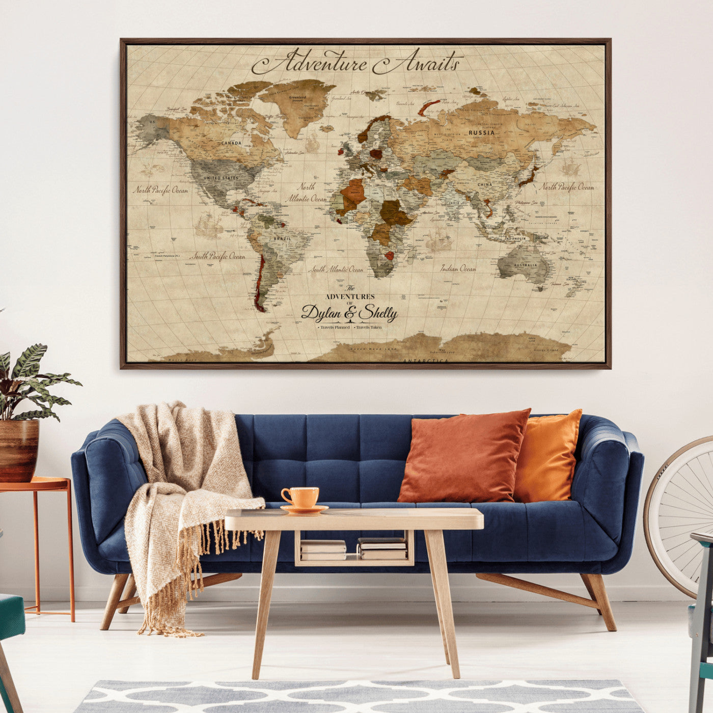 29054239-MGV-CV-36X24-Personalized World Map Print - Customizable Push Pin Framed World Map Print on Canvas - Custom Quote on Map Print