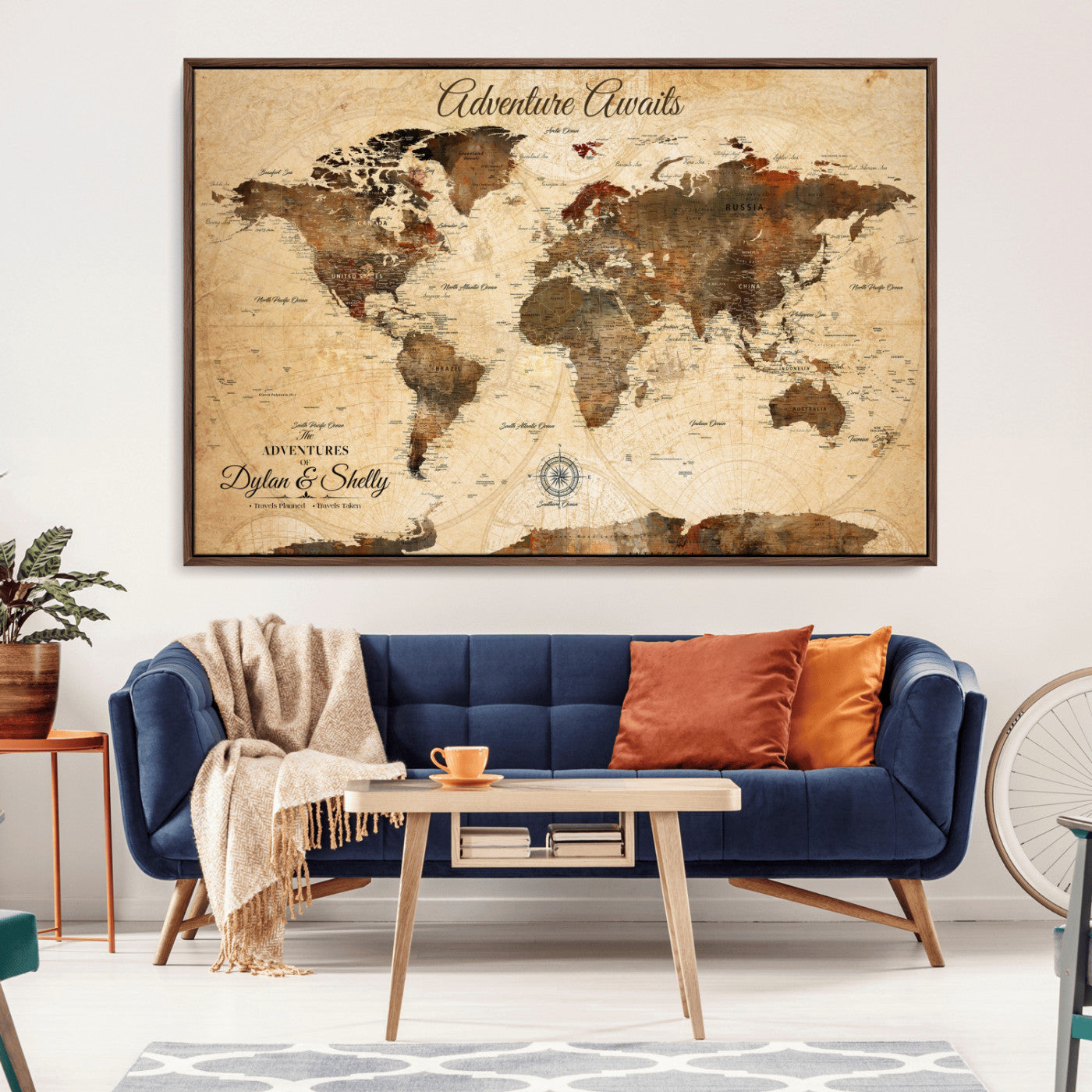 66357947-MGV-CV-36X24-Personalized World Map Print, Customizable Push Pin Framed World Map Print on Canvas - Custom Quote on Map Print