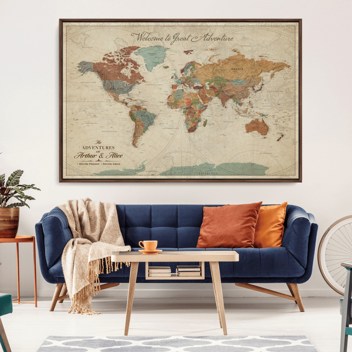 54152425-MGV-CV-36X24-Custom Push Pin World Map Wall Canvas Print – Personalized Travel Tracker with Pins – Framed Custom Map Quotie Canvas for Home Office Decor