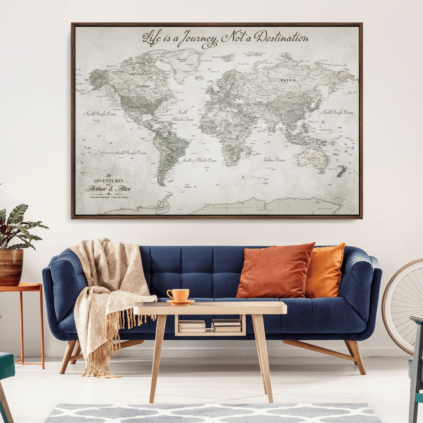 Custom Push Pin World Map Wall Canvas Print – Personalized Travel Tracker with Pins – Framed Custom Quotie Canvas for Home Office Decor