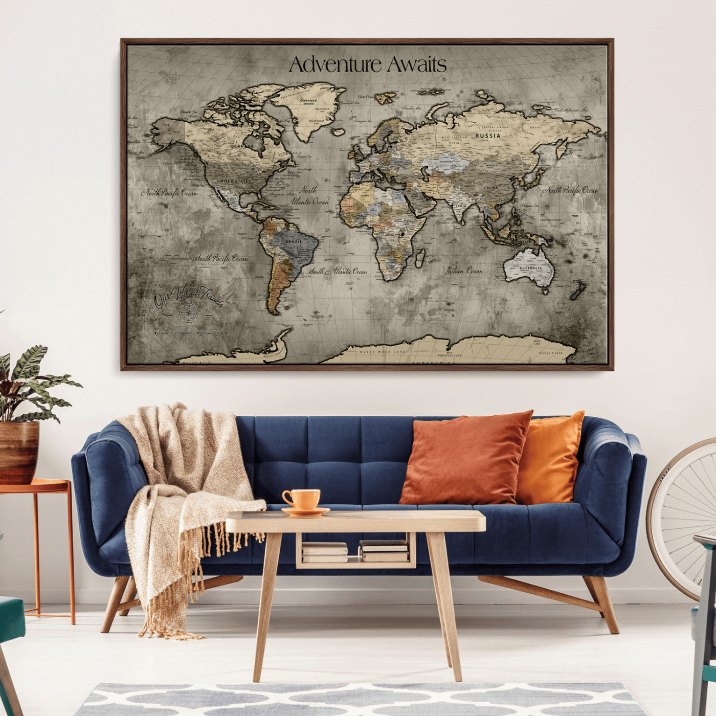 60740187-MGV-CV-36X24-Tree Rings Wall Art Canvas Print, Framed Wood Texture Art Picture Print, Blue Grain Perfect Rustic Modern Decor Artwork, Wood Texture Wall
