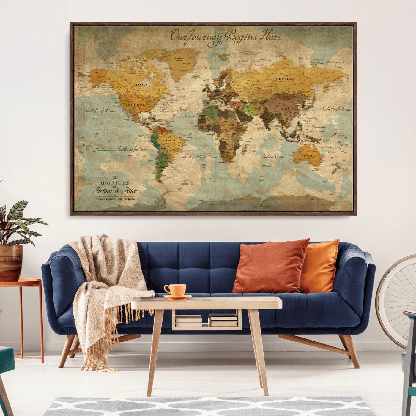 40572820-MGV-CV-36X24-Custom Push Pin World Map Wall Canvas Print – Personalized Travel Tracker with Pins – Framed Custom Quotie Canvas for Home Office Decor
