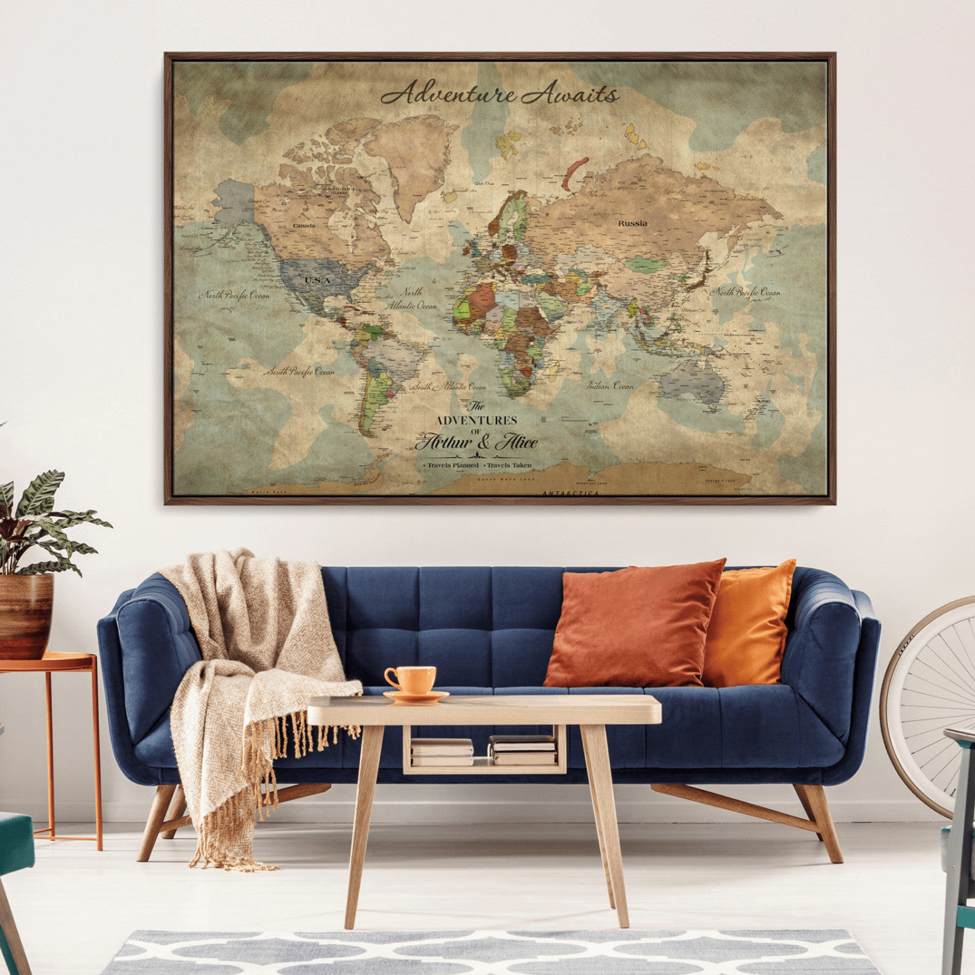 60798273-MGV-CV-30X20-Custom Push Pin World Map Wall Canvas Print – Personalized Travel Tracker with Pins – Framed Custom Quotie Canvas for Home Office Decor