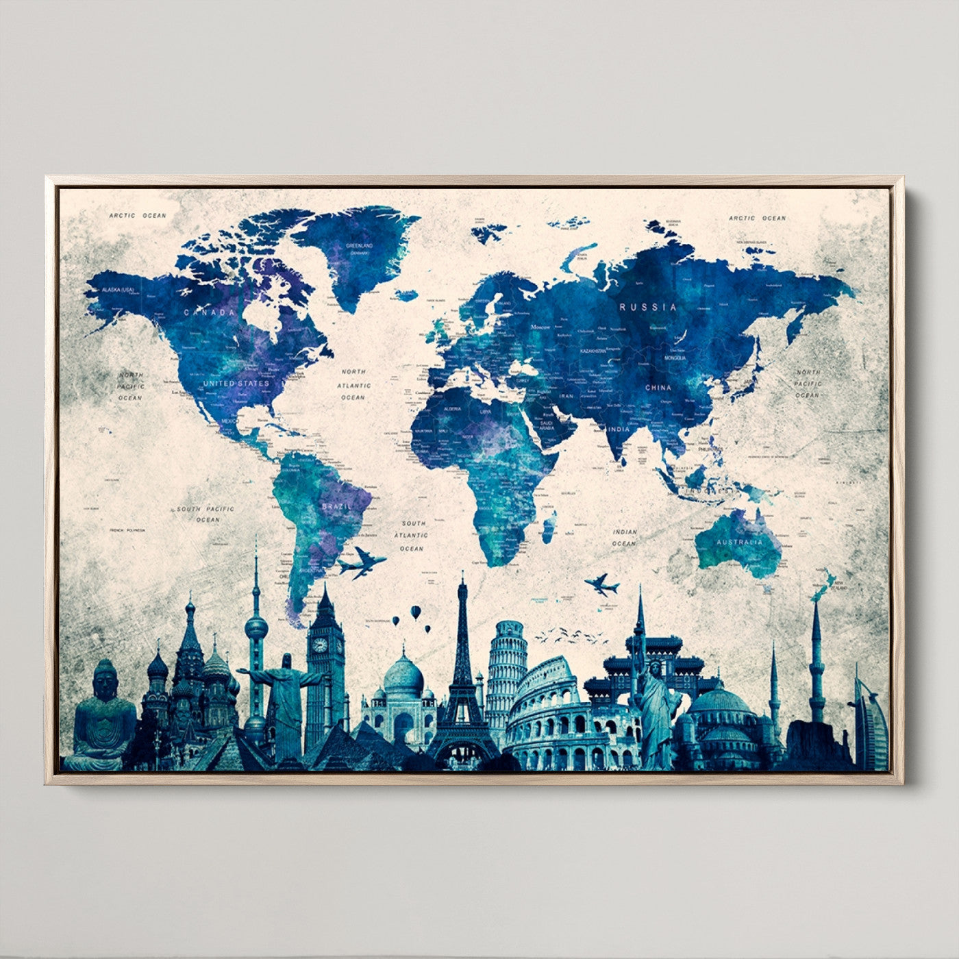 Navy Blue World Map Canvas Print, Wonder of World Map Push Pin Canvas Print