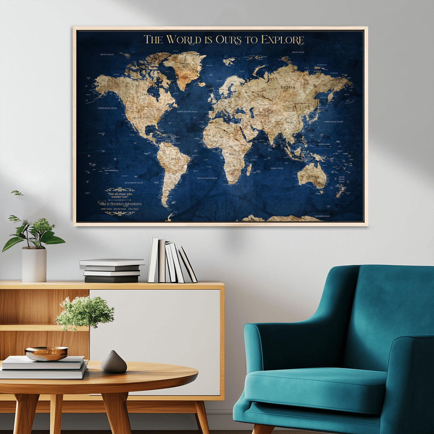 Custom World Map Wall Art – Personalized Framed Canvas Print with Push Pins for Travel Tracking, Anniversary or Couple Gift Ideas - H2-2