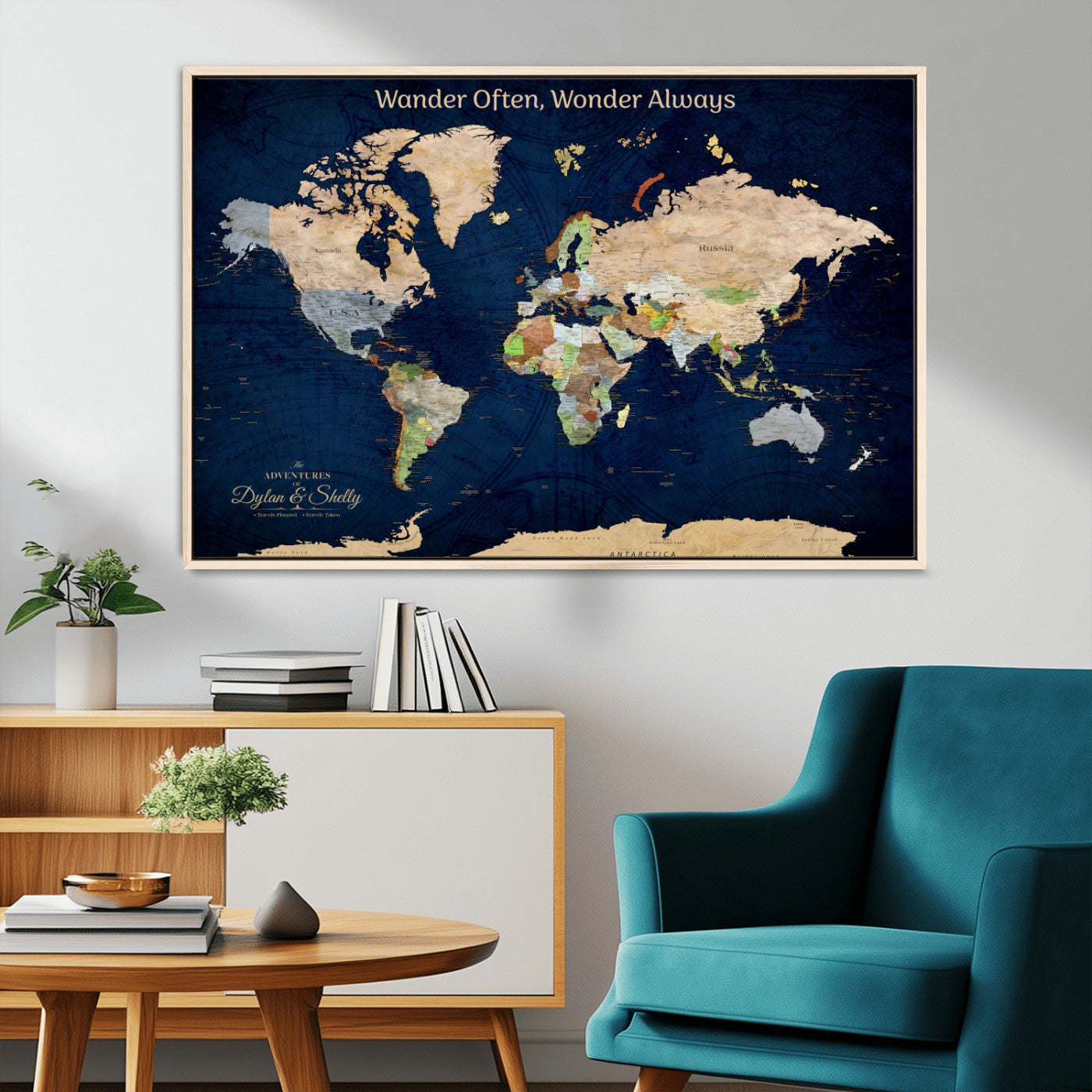 12399561-MGV-CV-30X20-Personalized World Map Print, Customizable Push Pin Framed World Map Print on Canvas - Custom Quote on Map Print