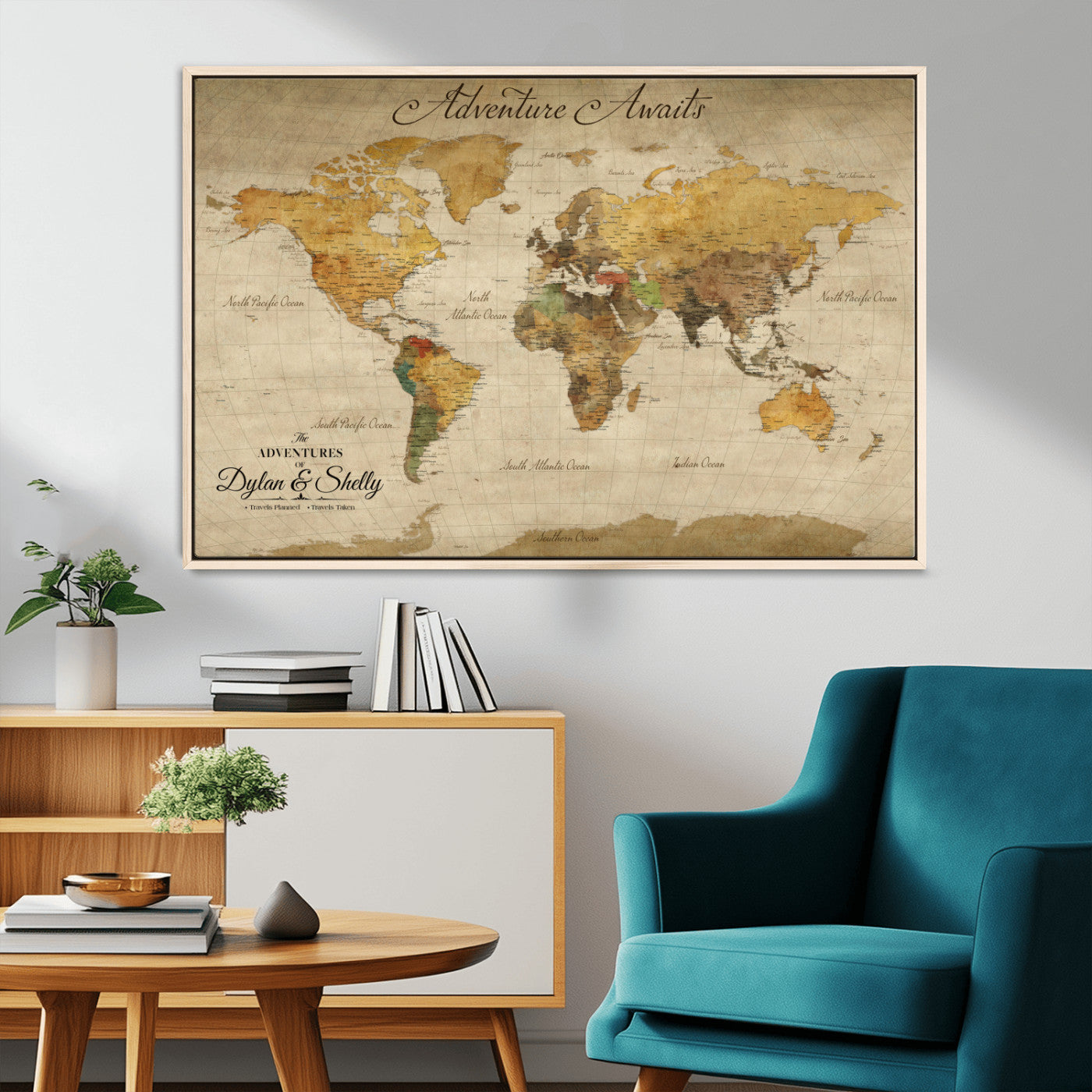 50298017-MGV-CV-36X24-Personalized World Map Print, Customizable Push Pin Framed World Map Print on Canvas - Custom Quote on Map Print